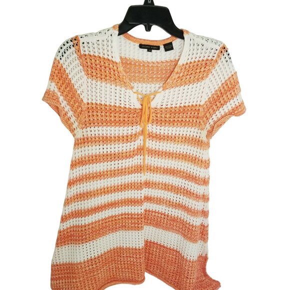 Jeanne Pierre Top M Women's Orange & White Striped Crochet Knit - Picture 1 of 5